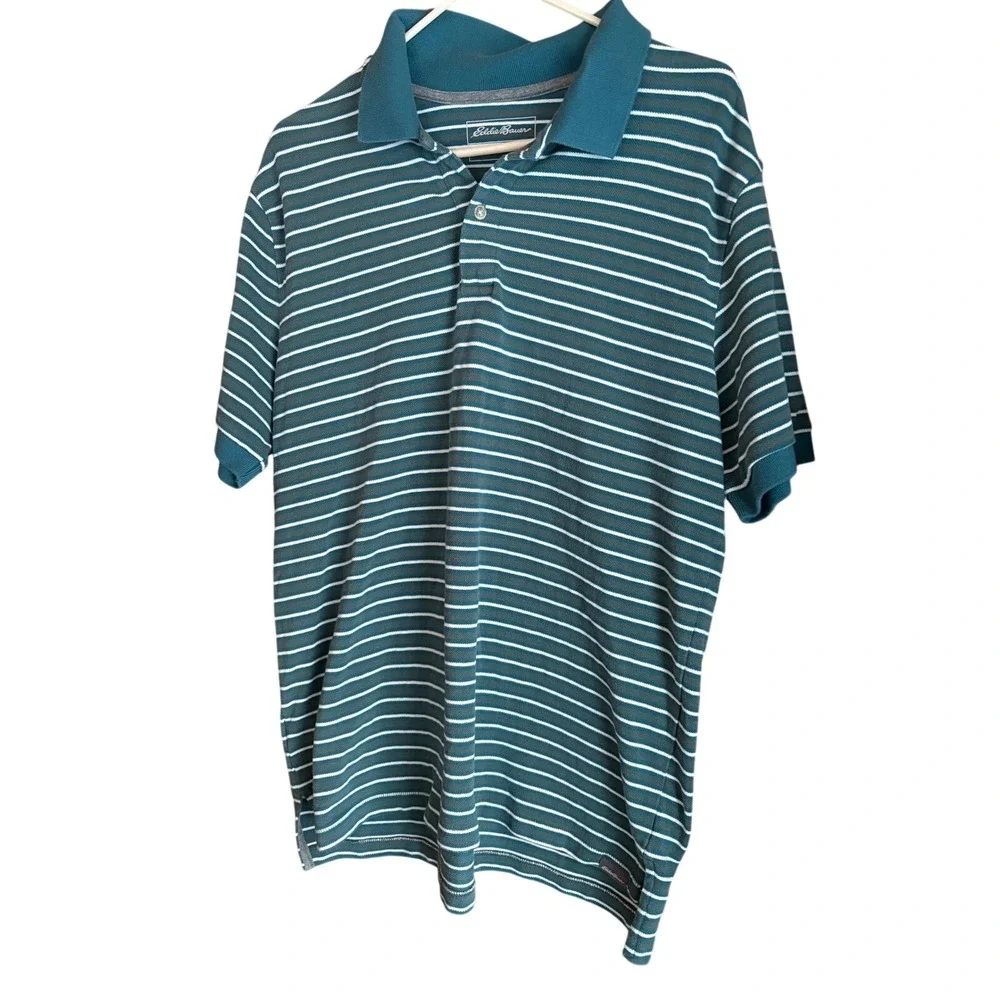 Eddie Bauer Mens Striped‎ Polo Shirt Teal White Short Sleeve Collared Size L